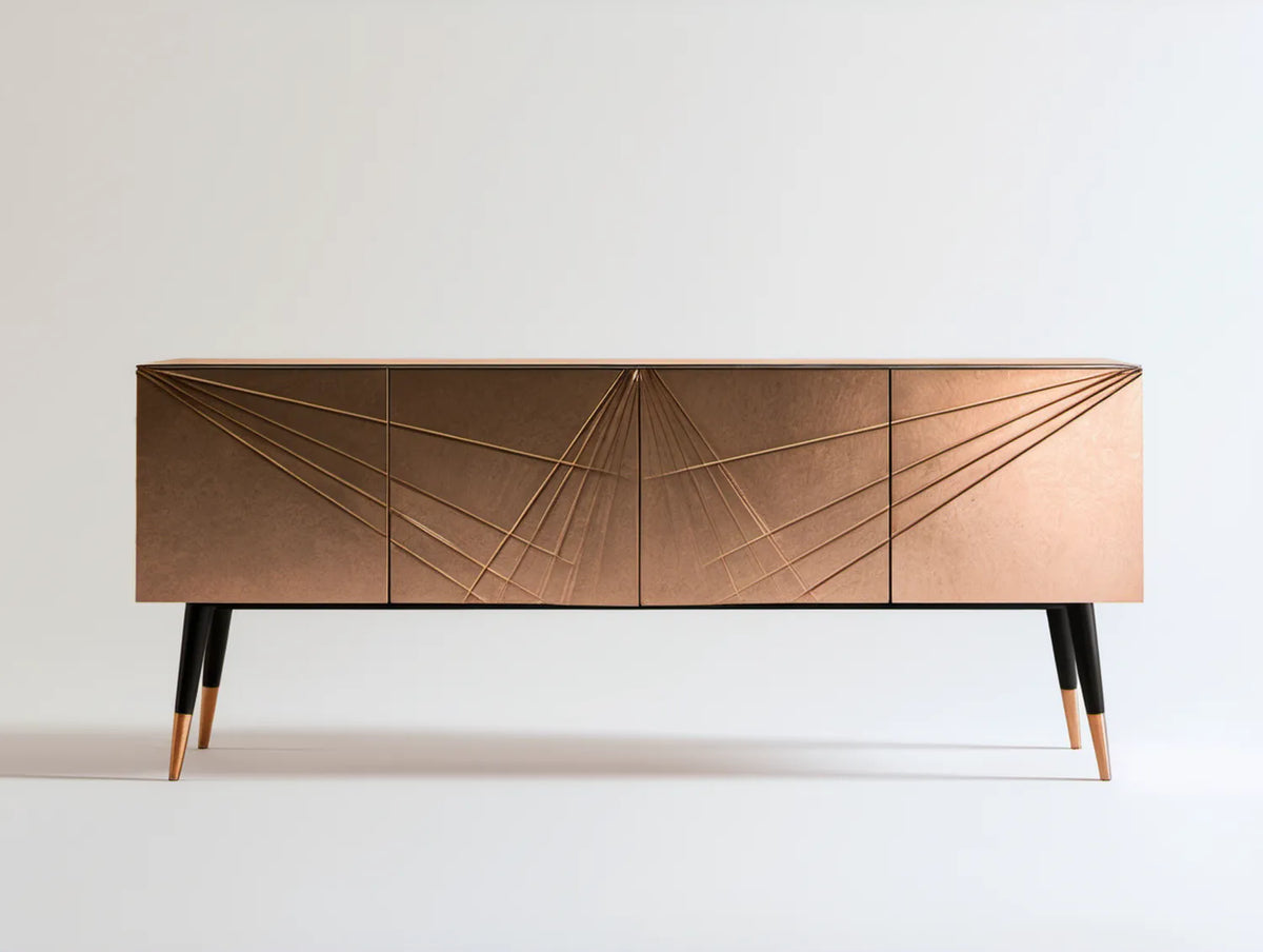 Kredens 4-drzwiowy z MDF na stalowych nogach, brązowy/czarny/miedziany, 180 x 40 x 80 cm