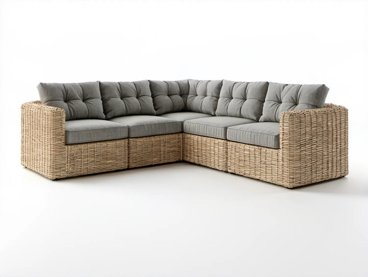 5-osobowa narożna sofa ogrodowa z technorattanu beżowa z szarymi poduszkami, 240 x 240 x 85 cm