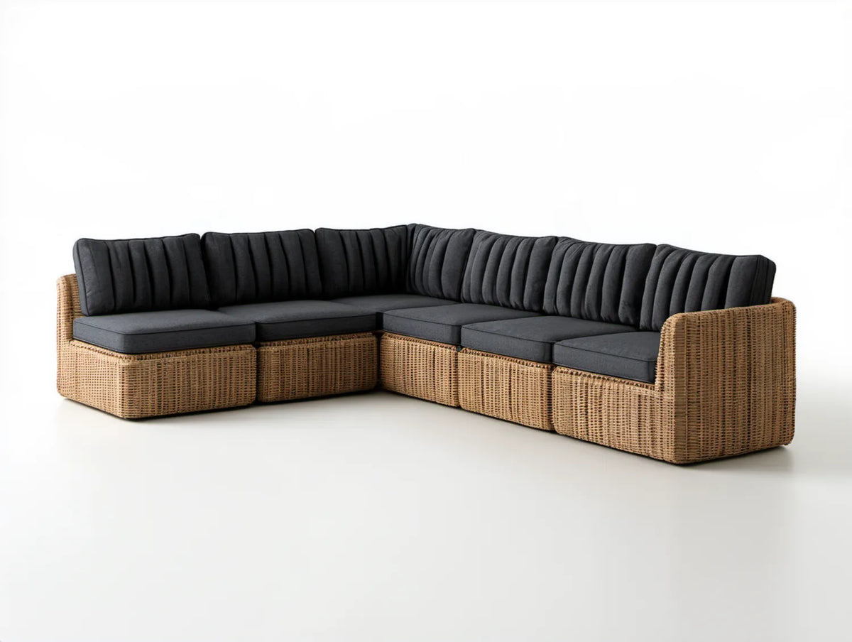 Narożna sofa ogrodowa 5-osobowa z technorattanu PE, naturalny brąz/czarny, 300 x 230 x 82 cm