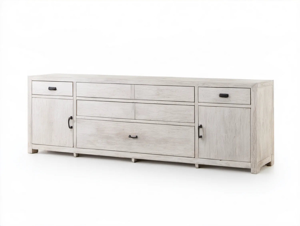 Biały kredens z litego drewna mango 200 x 45 x 85 cm z 5 szufladami i 2 drzwiami