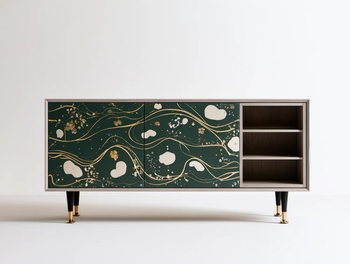 Kredens modernistyczny z MDF, ciemnozielony ze złotymi detalami, 160 x 40 x 80 cm
