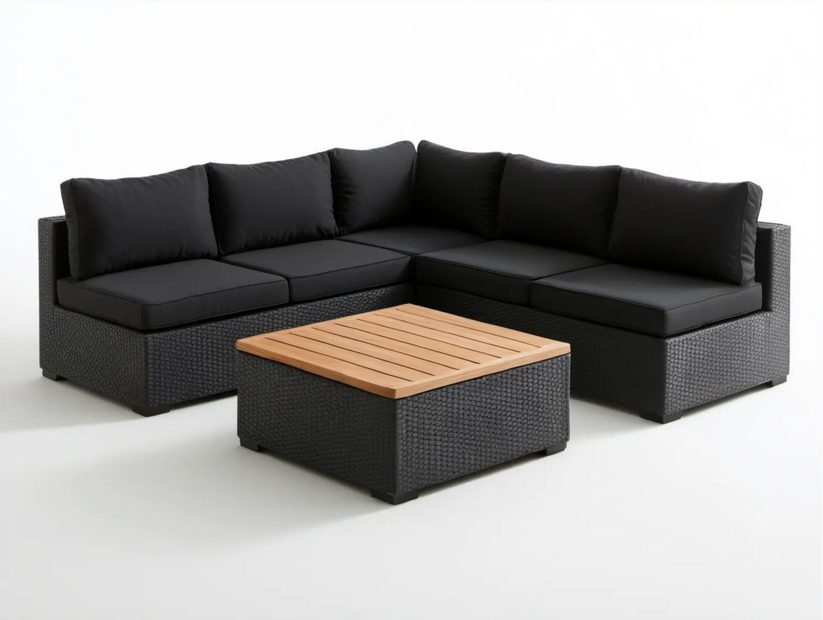 4-osobowy narożny zestaw ogrodowy z technorattanu PE ze stolikiem akacjowym 210 x 210 cm, czarny/naturalny brąz