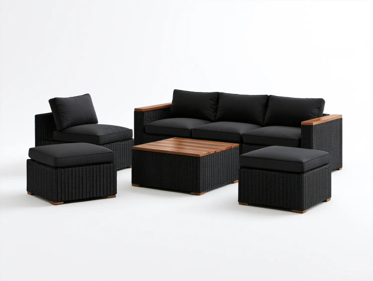 5-elementowy komplet ogrodowy z technorattanu PE, czarny/brązowy, sofa 206 × 75 × 65 cm