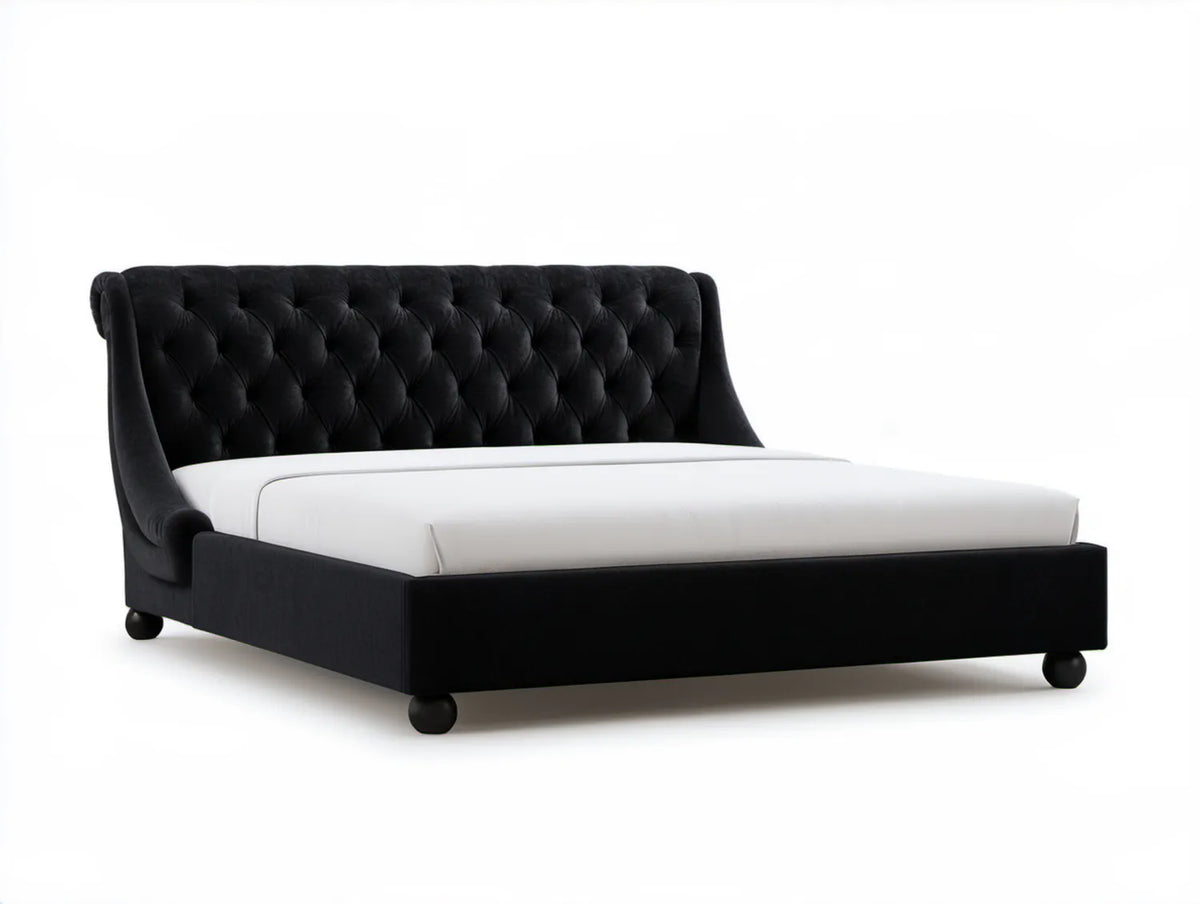 Czarne łóżko tapicerowane welurem 160 x 200 cm z pikowanym zagłówkiem Chesterfield