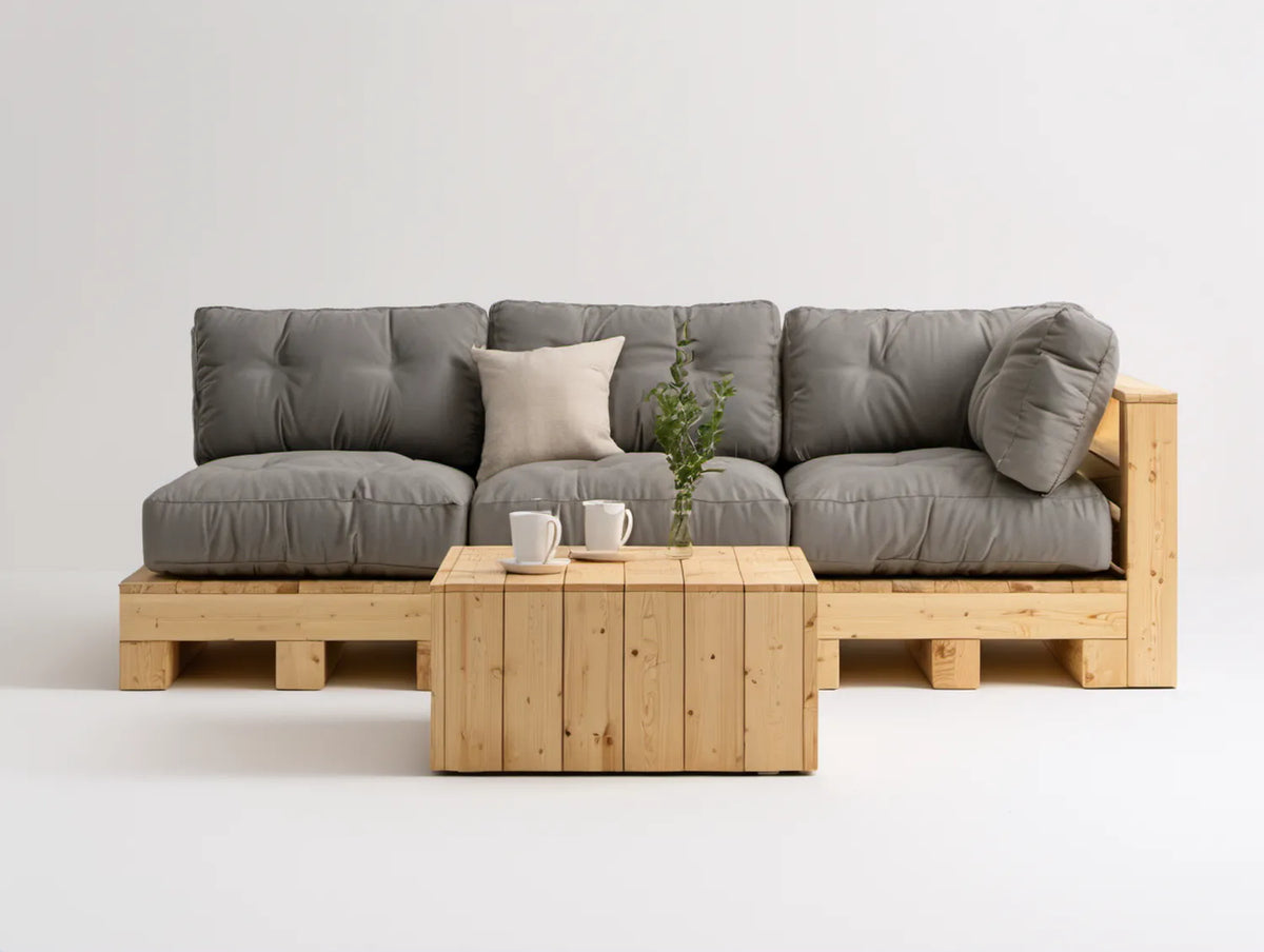3-osobowy zestaw ogrodowy z litego drewna sosnowego, naturalny/szary, sofa 220 x 75 x 75 cm, stolik 80 x 60 x 45 cm