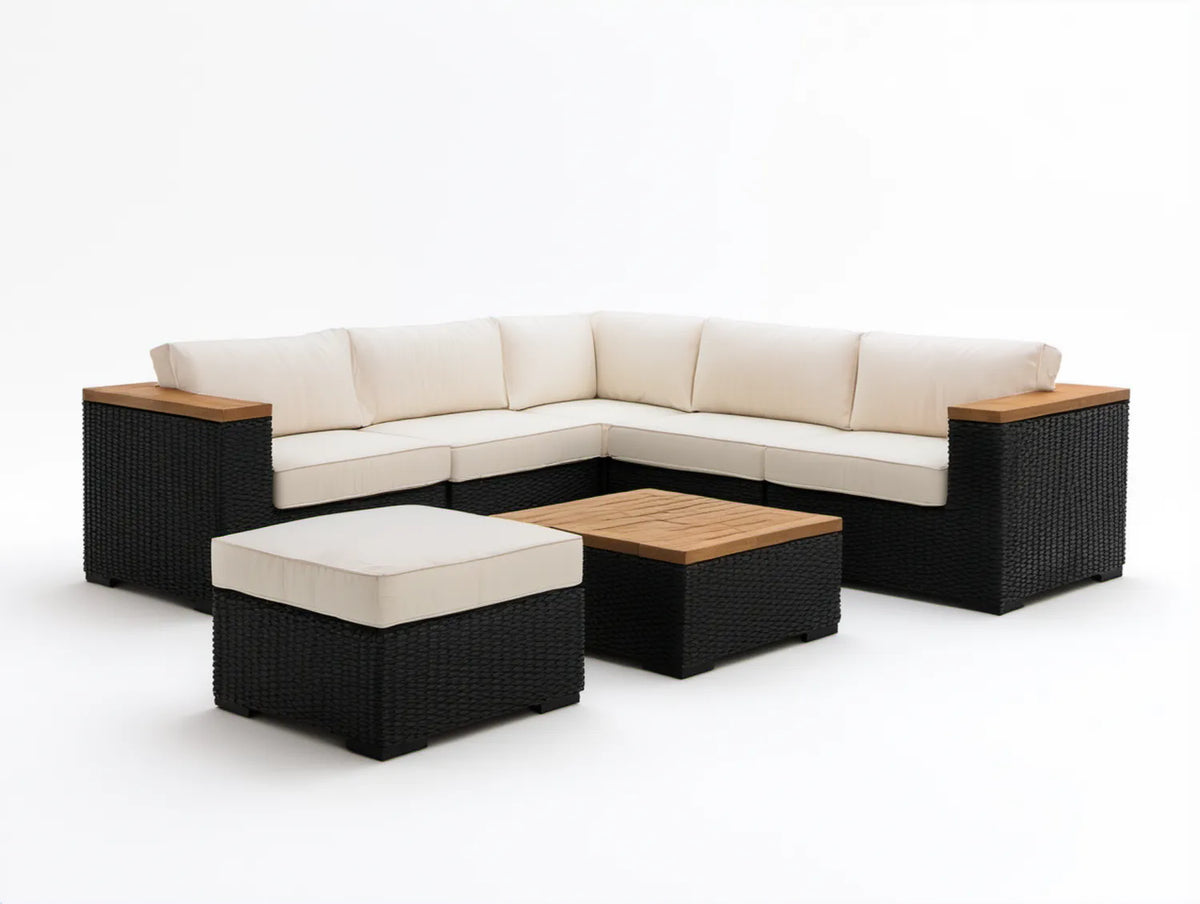 Narożny zestaw ogrodowy z technorattanu 220 × 220 cm, czarny/kremowy/brązowy
