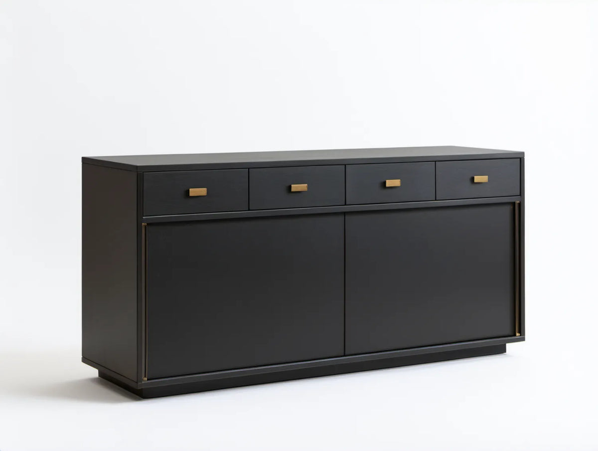 Czarny kredens MDF 180 x 45 x 85 cm z 4 szufladami i 2 drzwiami przesuwnymi