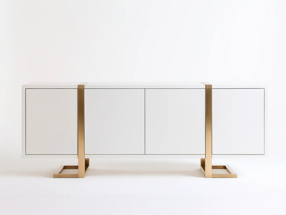 Biały matowy kredens czterodrzwiowy ze złotym stelażem, MDF i stal nierdzewna, 180 × 45 × 80 cm