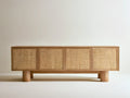 Kredens z fornirem dębowym i frontami z rattanu, 180 × 45 × 75 cm, Naturalny dąb/Naturalny rattan