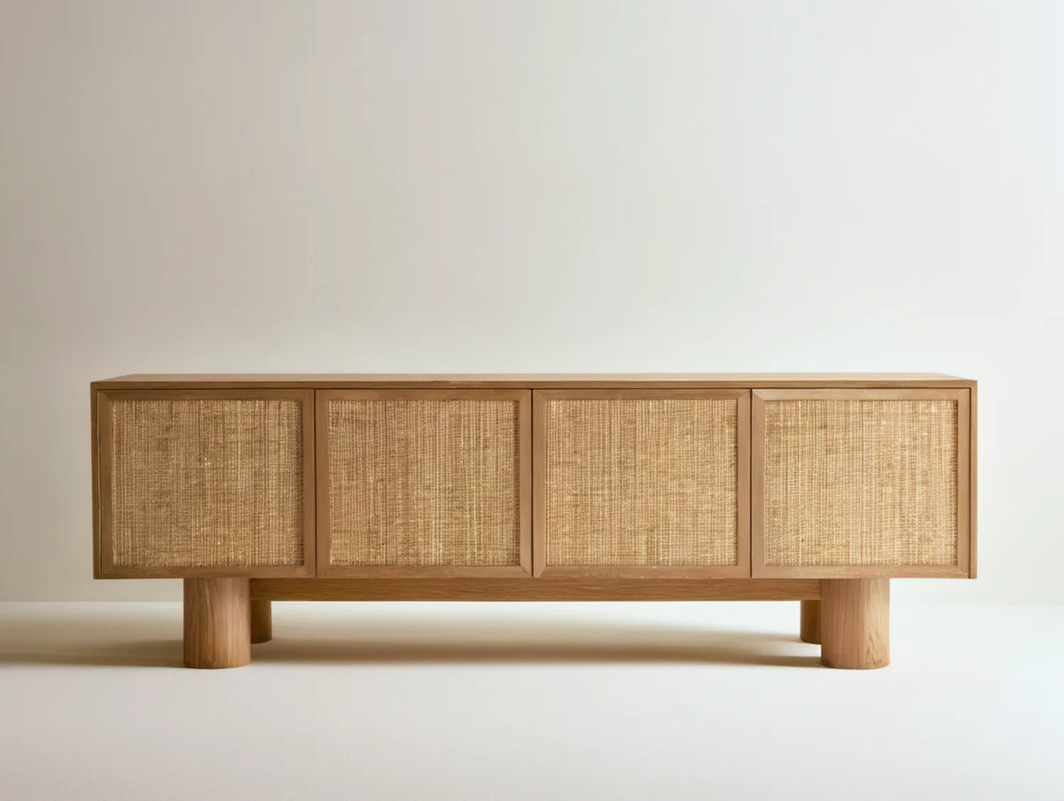 Kredens z fornirem dębowym i frontami z rattanu, 180 × 45 × 75 cm, Naturalny dąb/Naturalny rattan