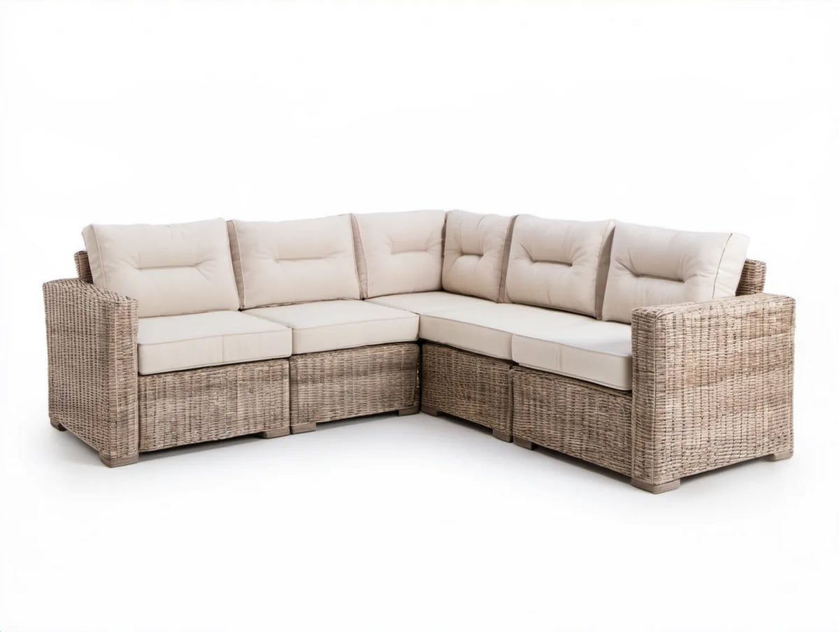 Modułowy narożnik ogrodowy 5-osobowy z technorattanu PE, beżowo-kremowy, 225 x 225 x 85 cm