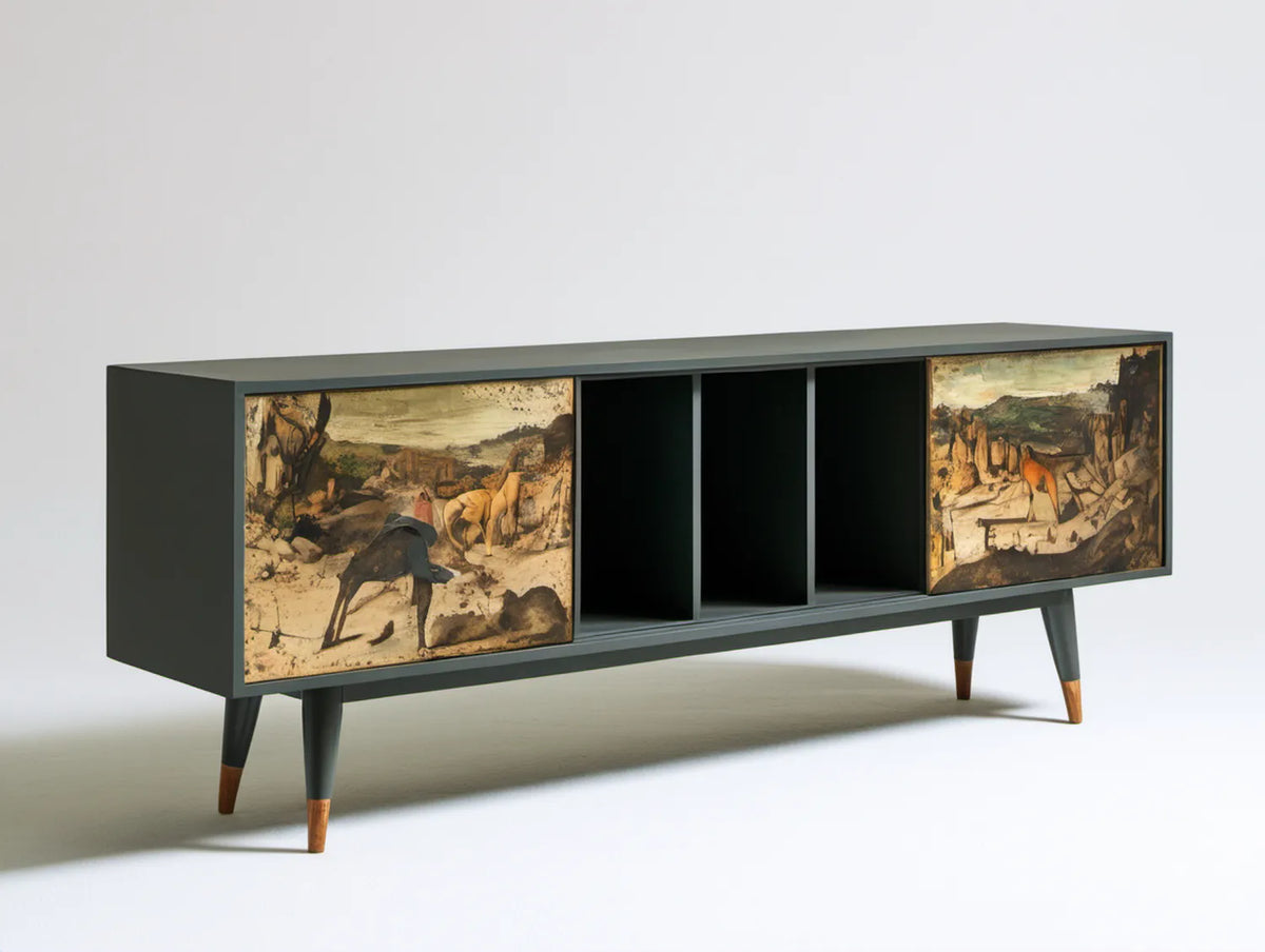 Kredens retro z przesuwnymi frontami, czarny/brązowy/beżowy/oliwkowy/pomarańczowy, 160 × 40 × 75 cm