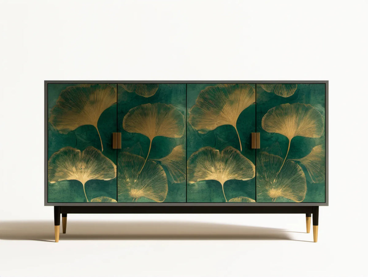 Zielony kredens czterodrzwiowy z motywem liści miłorzębu 160 x 40 x 85 cm