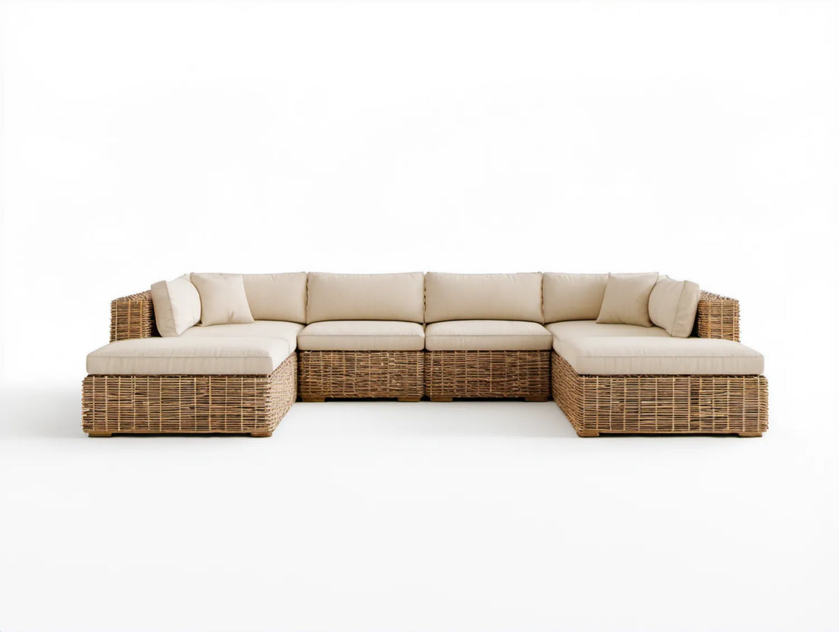 Modułowy narożnik ogrodowy w kształcie U z technorattanu PE Naturalny Brąz/Beżowy 330 × 165 × 75 cm