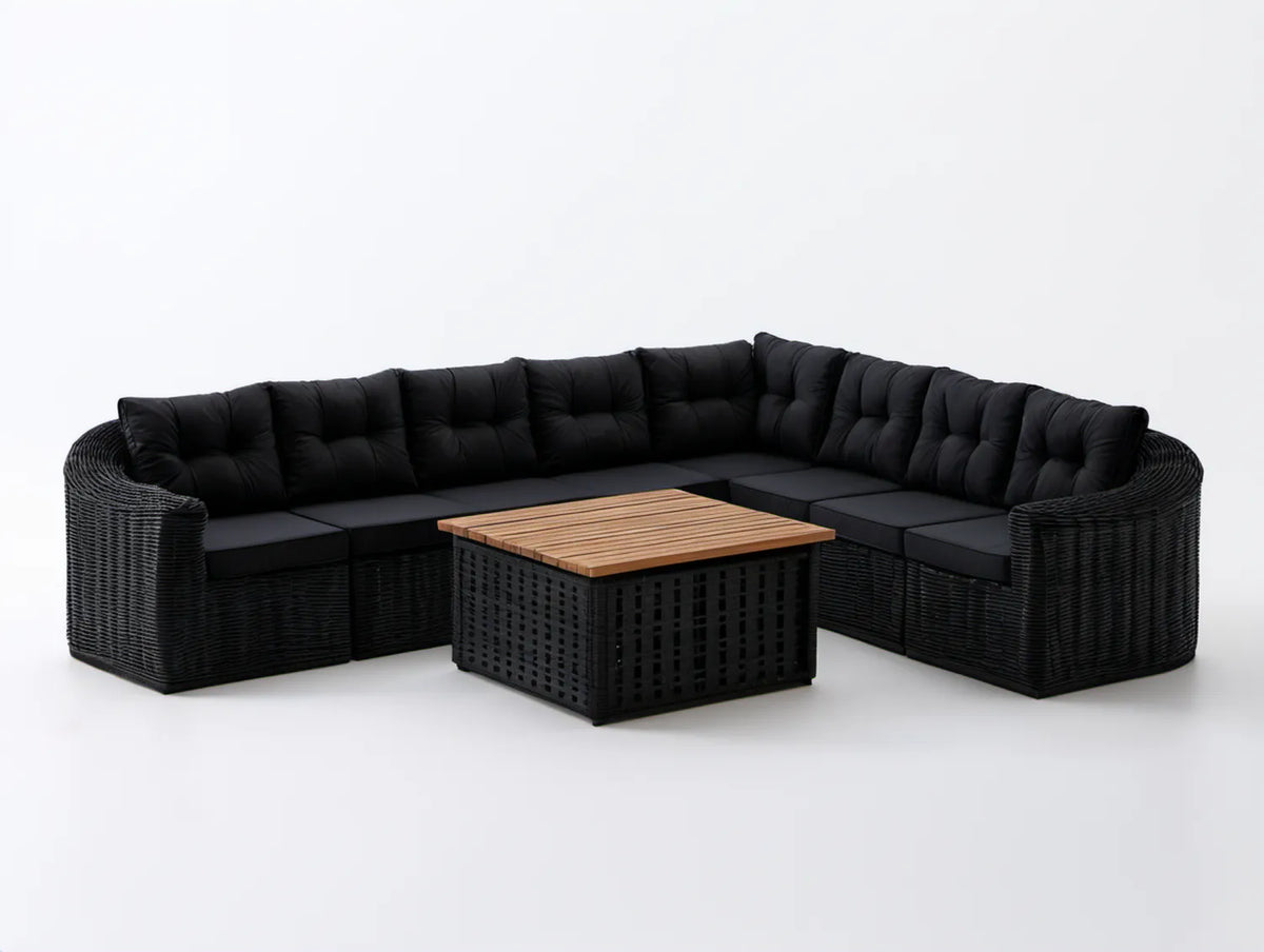 Czarny zestaw wypoczynkowy z technorattanu PE, sofa w kształcie U 305 x 235 x 75 cm ze stołem 90 x 60 x 45 cm