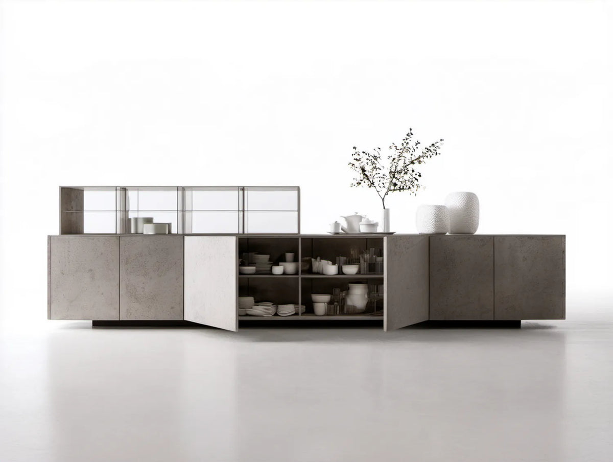 Kredens do jadalni z MDF w dekorze szarego betonu, 300 x 45 x 150 cm