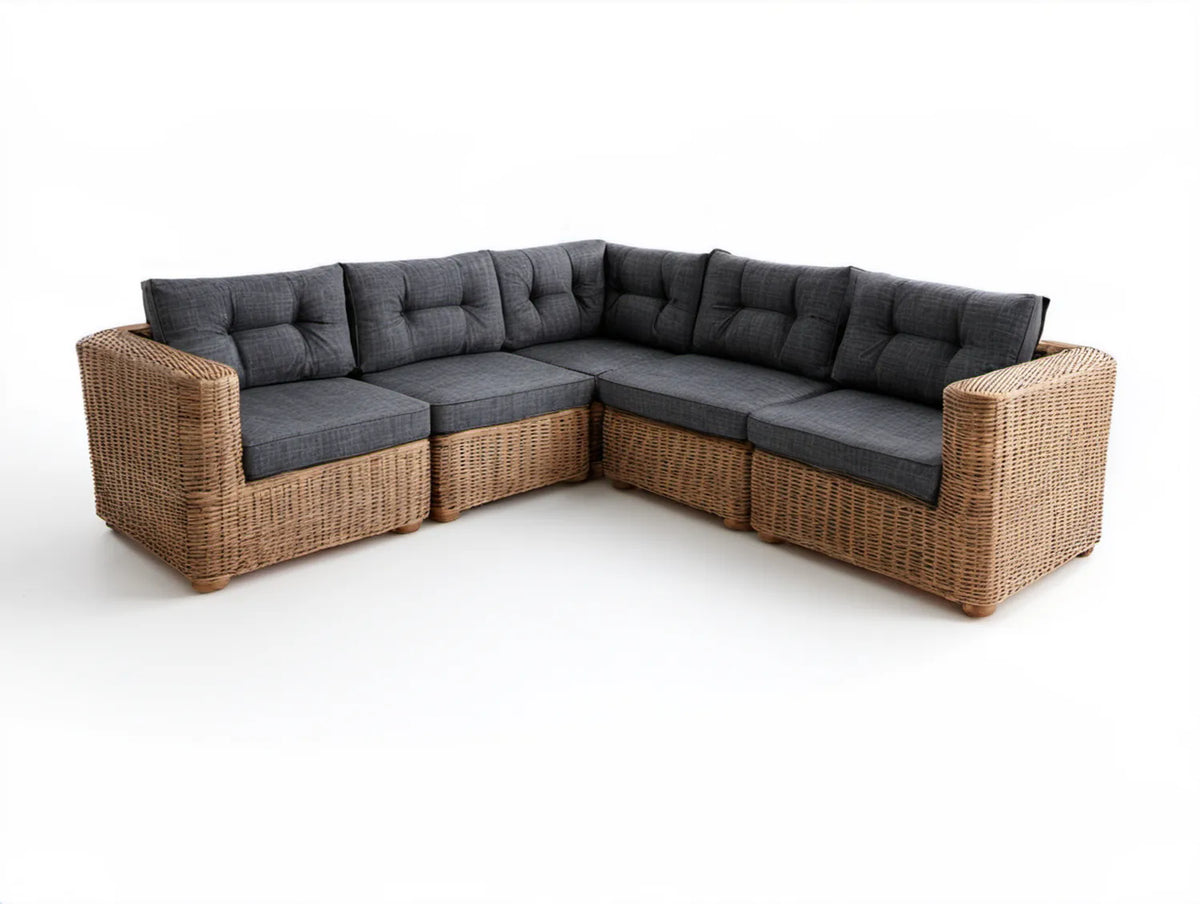 Narożna sofa ogrodowa z technorattanu w kształcie L, jasnobrązowa z grafitowymi poduszkami, 260 x 260 x 85 x 75 cm