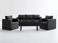 Czarny zestaw wypoczynkowy z technorattanu PE: sofa 3-osobowa 180 × 70 × 73 cm, 2 fotele i stolik 100 × 50 × 43 cm