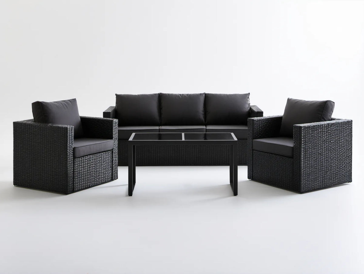 Czarny zestaw wypoczynkowy z technorattanu PE: sofa 3-osobowa 180 × 70 × 73 cm, 2 fotele i stolik 100 × 50 × 43 cm