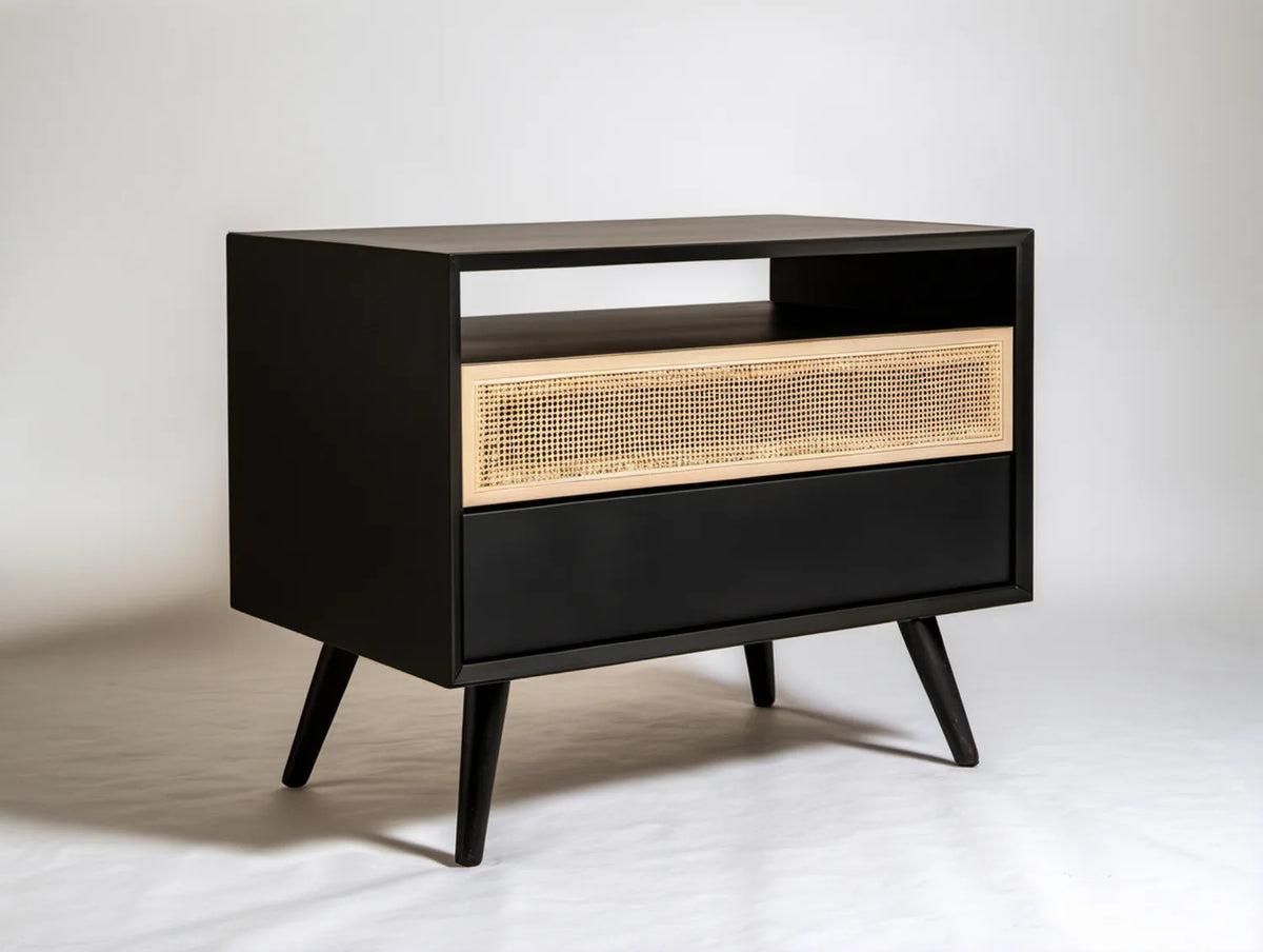 Czarny kredens z naturalnym rattanem, MDF, 80 x 40 x 75 cm