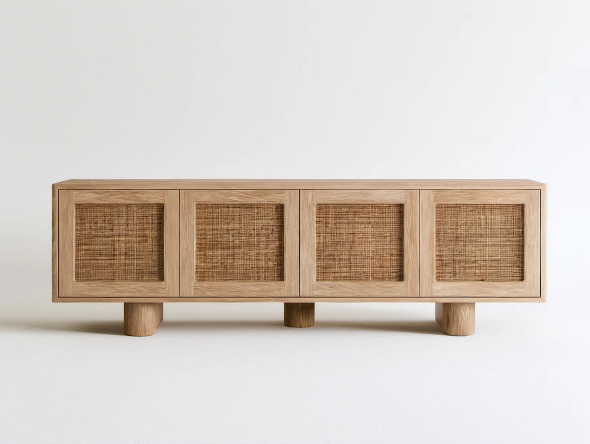 Kredens 4-drzwiowy z fornirem dębowym i plecionką rattanową, 180 × 45 × 70 cm, Naturalny Dąb/Naturalny Rattan