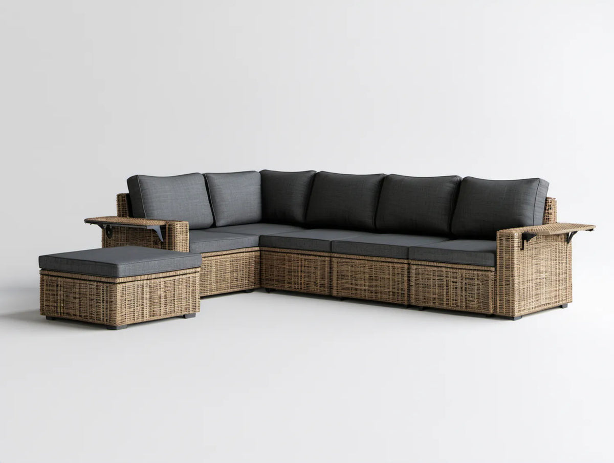 Narożna sofa ogrodowa z pufą i rozkładanymi blatami 265 × 205 × 85 cm, beżowo-ciemnoszara