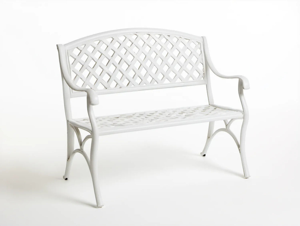 Biała dwuosobowa ławka ogrodowa z odlewanego aluminium 120 × 60 × 85 cm